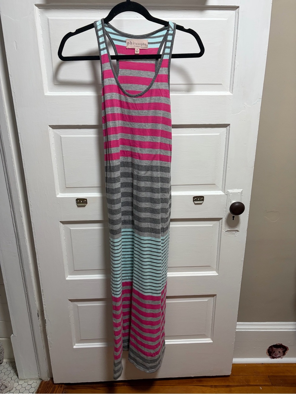 Philosophy Striped Tank Maxi Dress in Pink, Gray & Light Blue